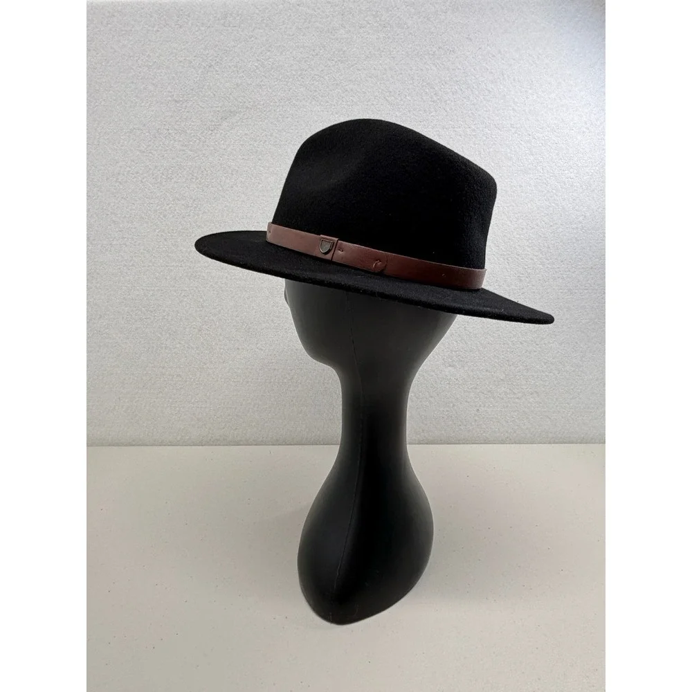 Brixton Messer Black Wool Felt Fedora Hat Brown Faux Leather Band Size S 56cm